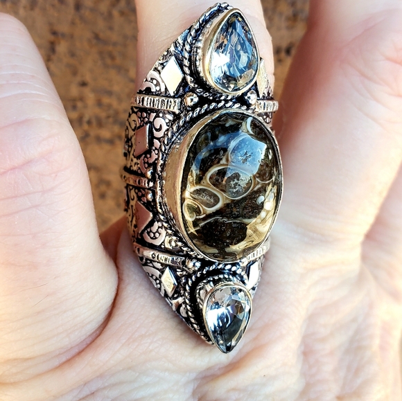 New Turtella Agate Fossil & White Topaz 925 Silver Statement Ring. - Picture 6 of 16